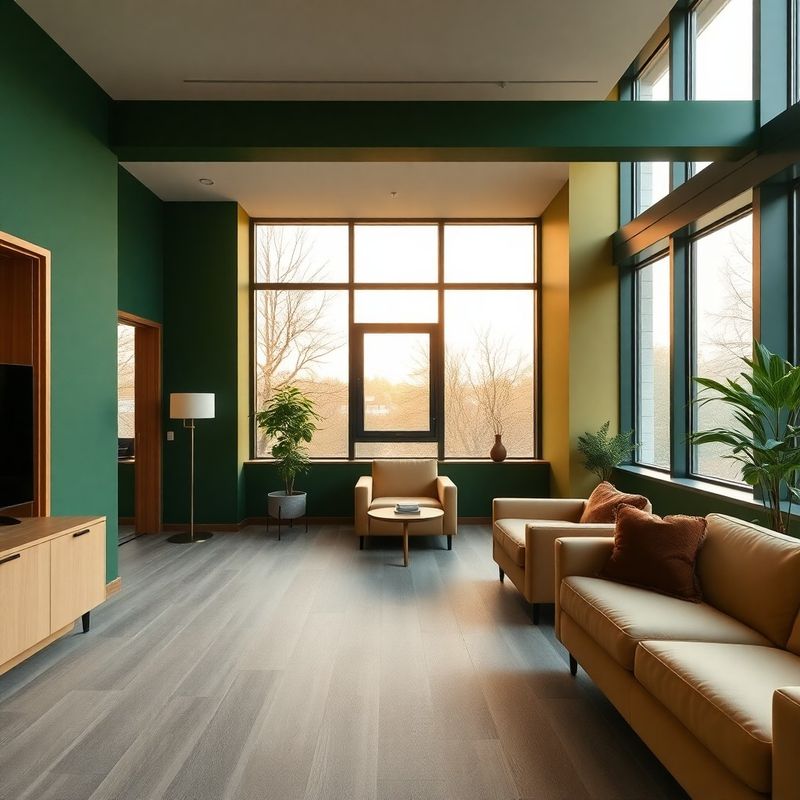 Interior modern al biroului InsightBeacon din Oradea, cu accente verde-pădure și mobilier crem
