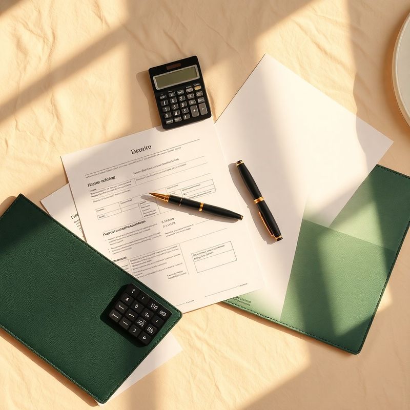 Documente fiscale structurate, stilou și calculator pe o suprafață crem cu mapă verde-pădure